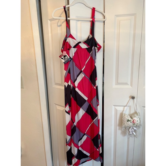 Keyhole NWT Vintage Pink & Black Geometric Plaid Maxi Dress - Picture 3 of 6